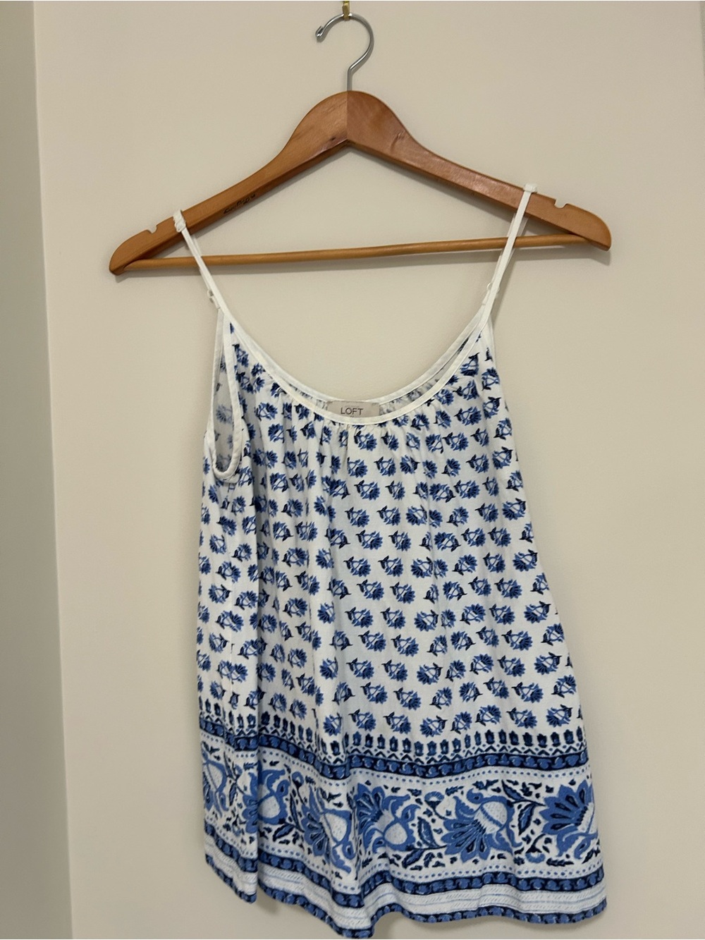 LOFT White and Blue Floral Border Spaghetti Strap Camisole